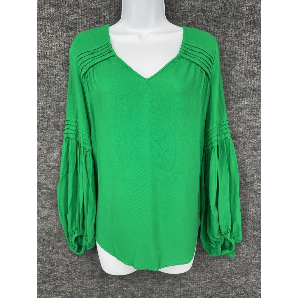 Maeve Blouse Womens XS Green 100% Viscose V Neck Long Balloon Sleeve Tunic